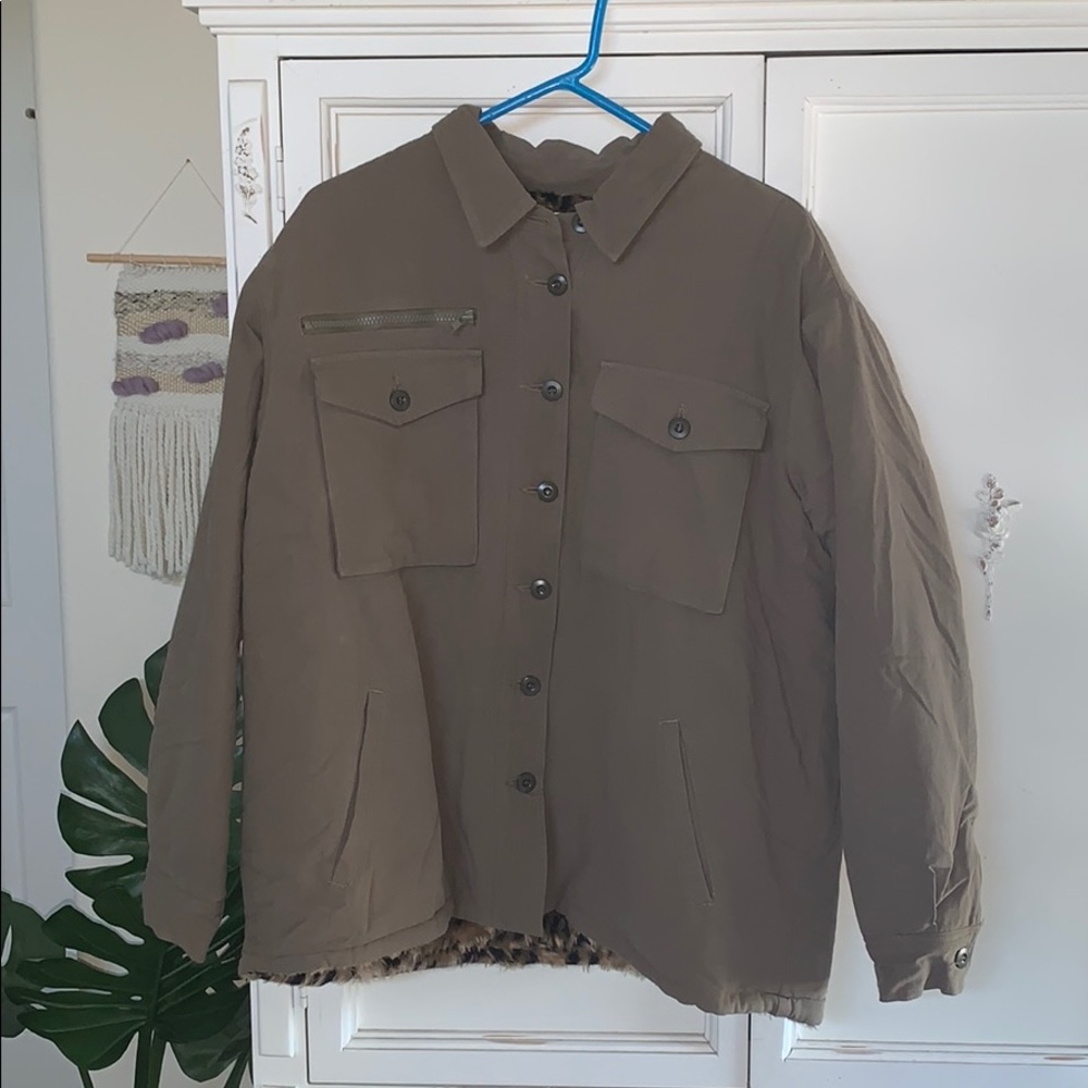 Tan/Green Leopard Print Utility Jacket